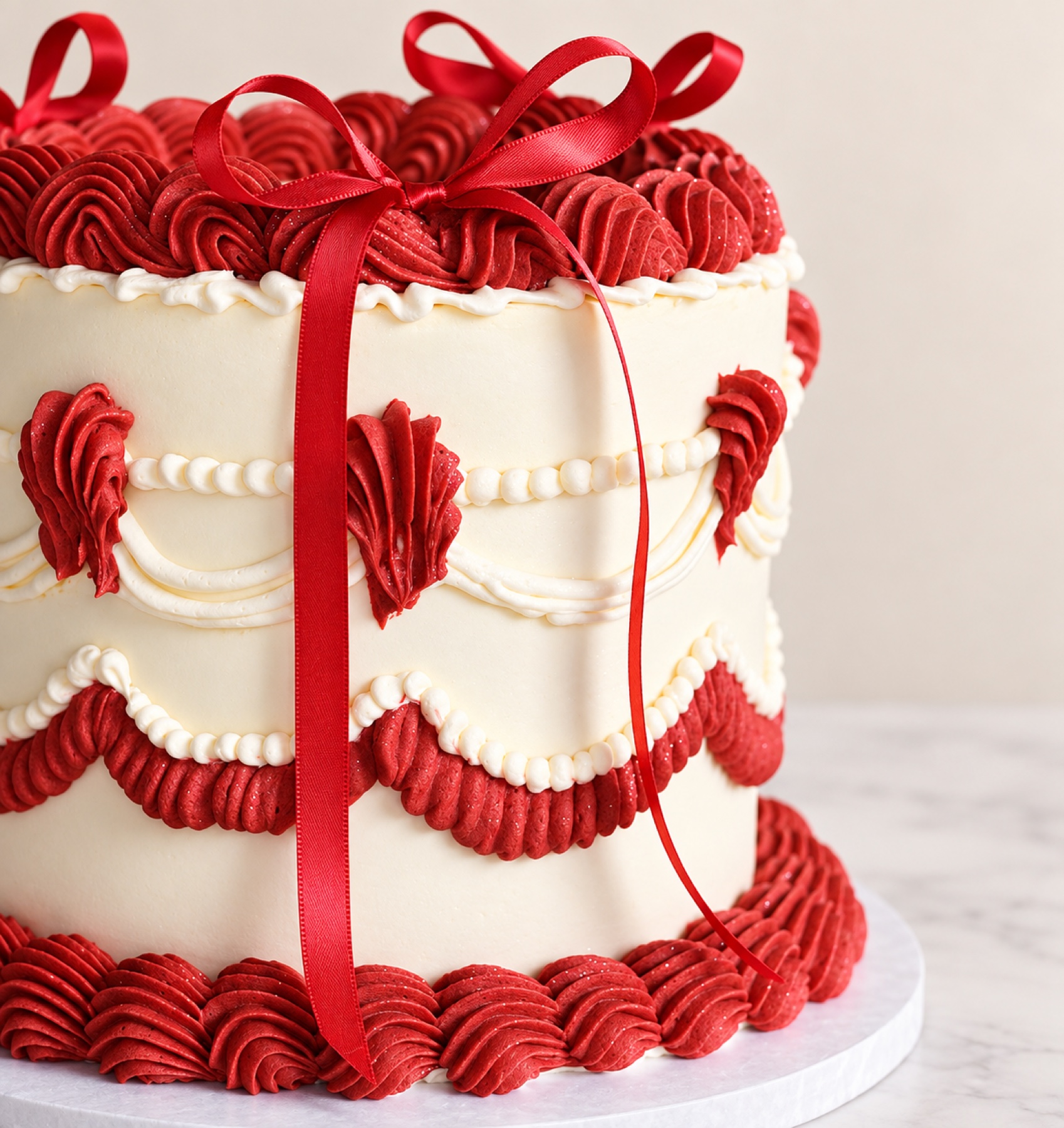 Red and cream vintage ribbon celebration cake